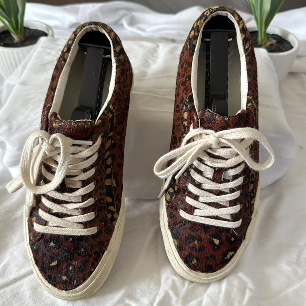 Madewell Sidewalk Low Top Sneakers Painted Leopard Colorblock Calf Hair Size 6.5 - Picture 2 of 5